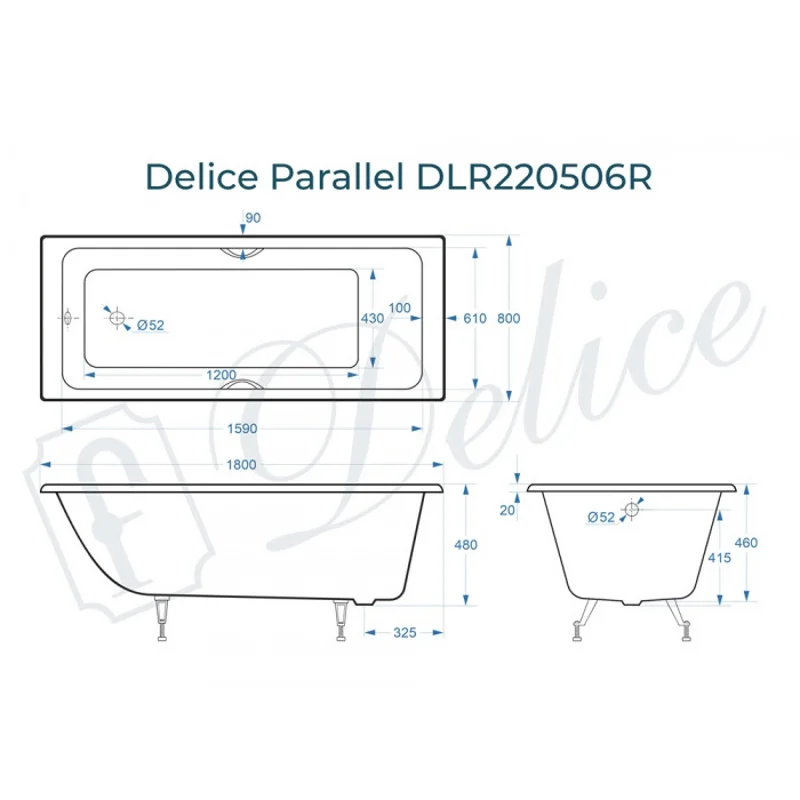Ванна чугунная Delice Parallel 180х80 с черными матовыми ручками DLR220506RB