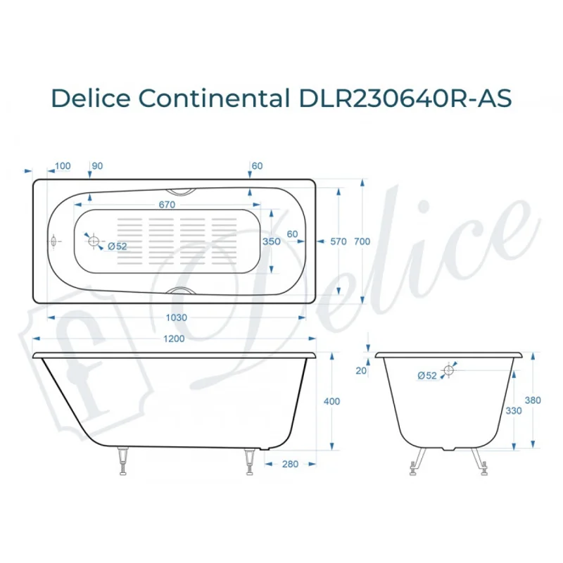Ванна чугунная Delice Continental 120х70с отверстиями под ручки и антискользящим покрытием DLR230640R-AS