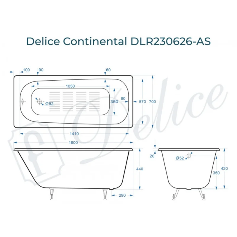 Ванна чугунная Delice Continental 160х70 с антискользящим покрытием DLR230626-AS