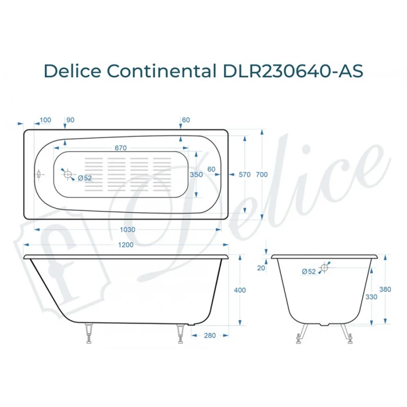 Ванна чугунная Delice Continental 120х70 с антискользящим покрытием DLR230640-AS
