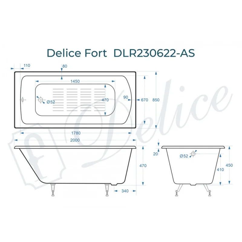 Ванна чугунная Delice Fort 200х85 с антискользящим покрытием DLR230622-AS