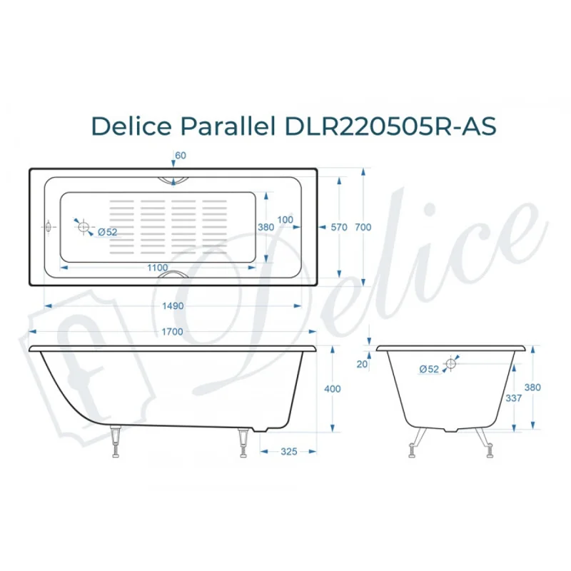 Ванна чугунная Delice Parallel 170х70 с черными матовыми ручками и антискользящим покрытием DLR220505RB-AS
