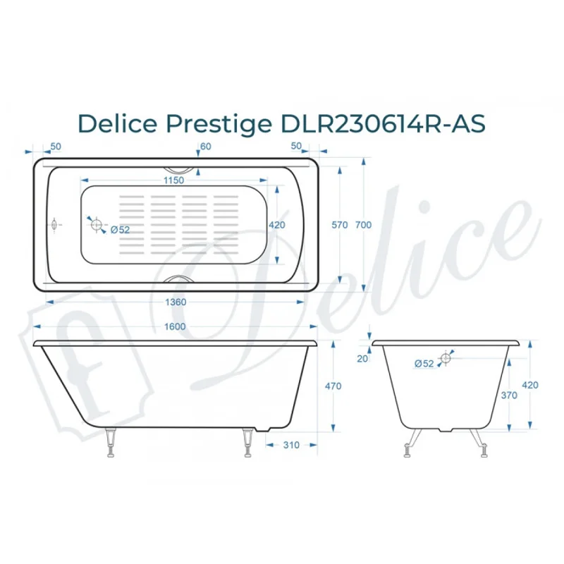 Ванна чугунная Delice Prestige 160х70 с отверстиями под ручки и антискользящим покрытием DLR230614R-AS