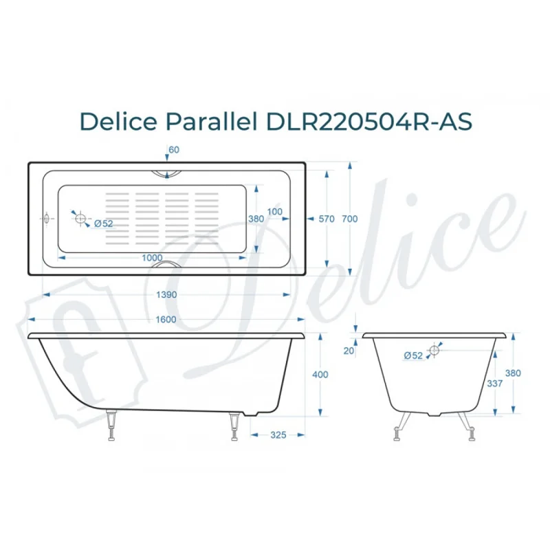 Ванна чугунная Delice Parallel 160х70 с черными матовыми ручками и антискользящим покрытием DLR220504RB-AS