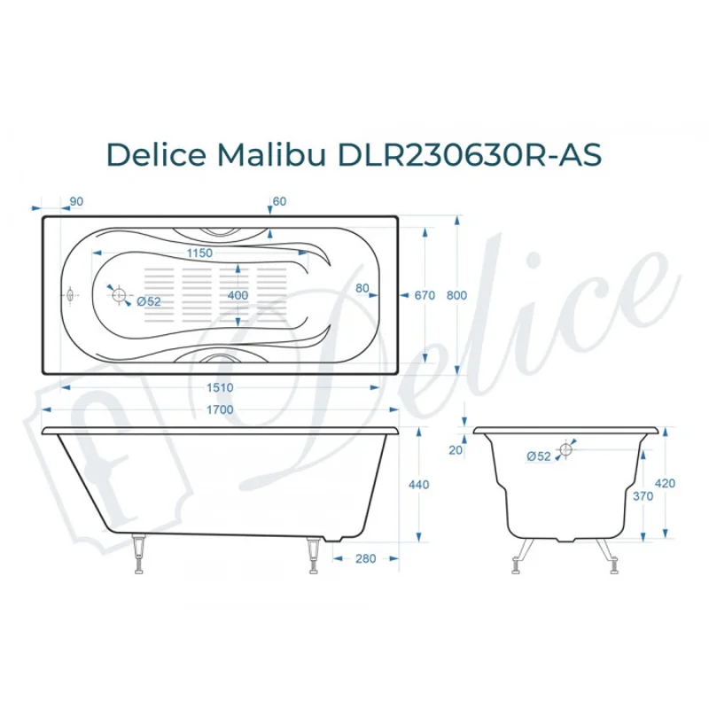 Ванна чугунная Delice Malibu 170х80 с отверстиями под ручки и антискользящим покрытием DLR230630R-AS