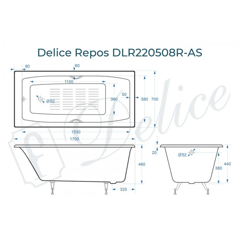 Ванна чугунная Delice Repos 170х70 с ручками и антискользящим покрытием DLR220508R-AS