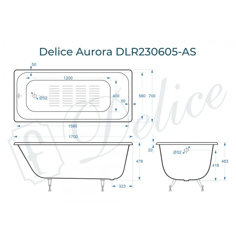 Ванна чугунная Delice Aurora 170х70 с антискользящим покрытием DLR230605-AS