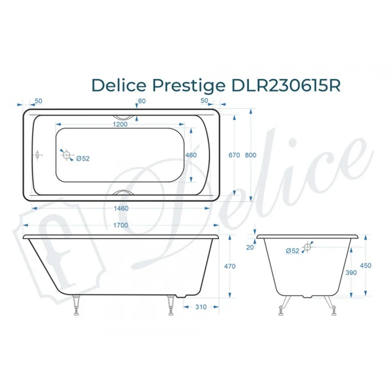 Ванна чугунная Delice Prestige 170х80 с отверстиями под ручки DLR230615R