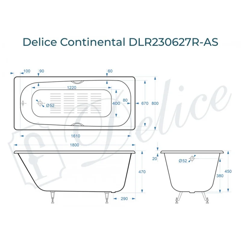 Ванна чугунная Delice Continental 180х80 с отверстиями под ручки и антискользящим покрытием DLR230627R-AS
