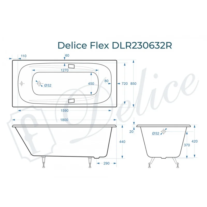Ванна чугунная Delice Flex 180х85 с отверстиями под ручки DLR230632R