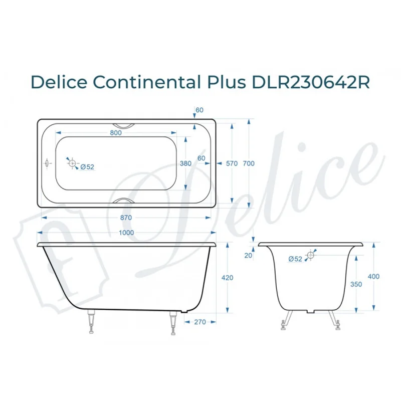 Ванна чугунная Delice Continental PLUS 100х70 с отверстиями под ручки DLR230642R