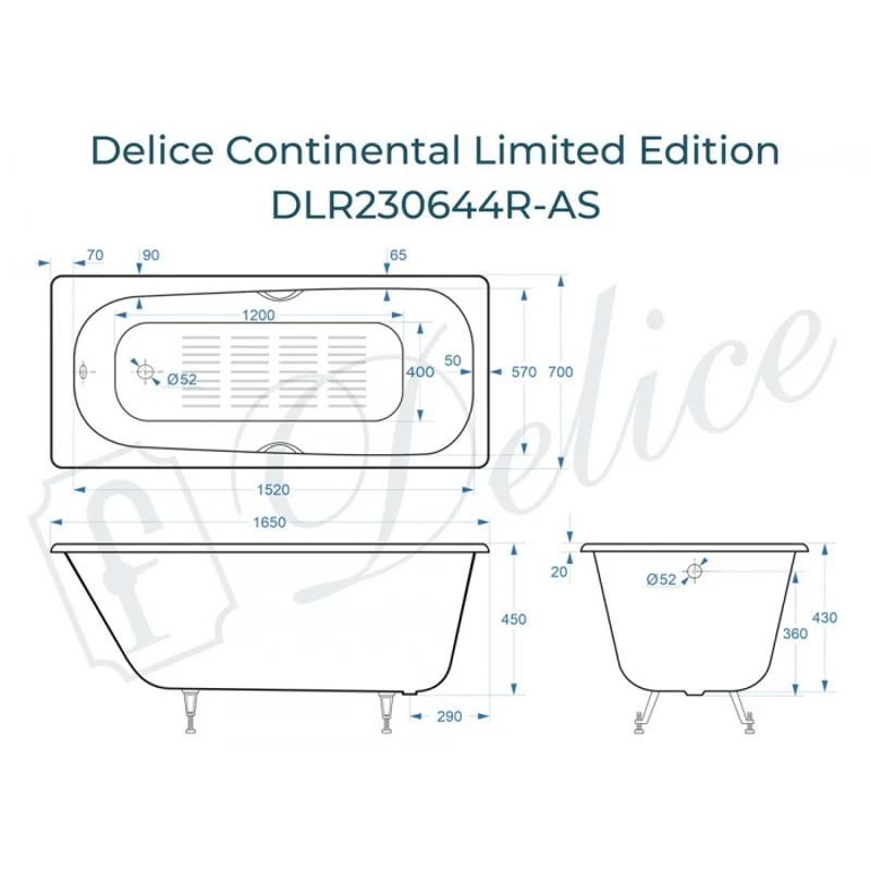 Ванна чугунная Delice Continental Limited Edition 165х70 с отверстиями под ручки и антискользящим покрытием DLR230644R-AS