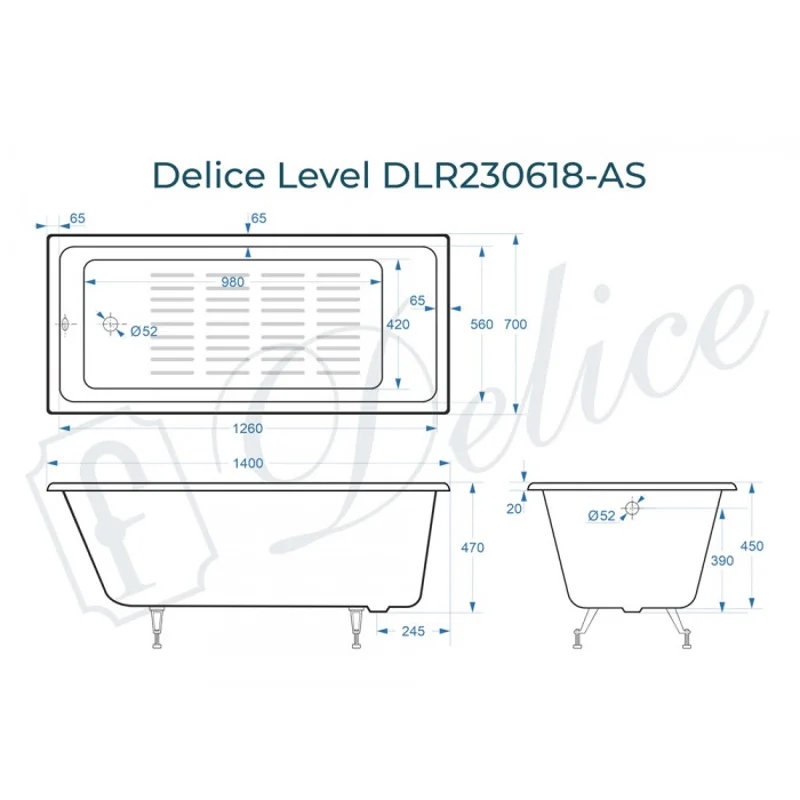 Ванна чугунная Delice Level 140х70 с антискользящим покрытием DLR230618-AS