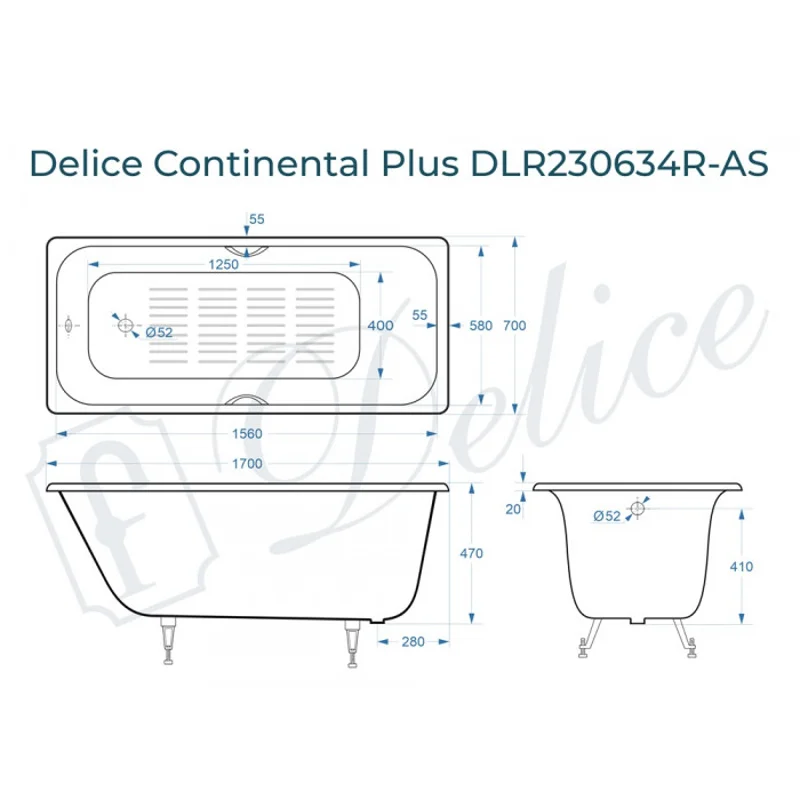 Ванна чугунная Delice Continental PLUS 170х70 с отверстиями под ручки и антискользящим покрытием DLR230634R-AS