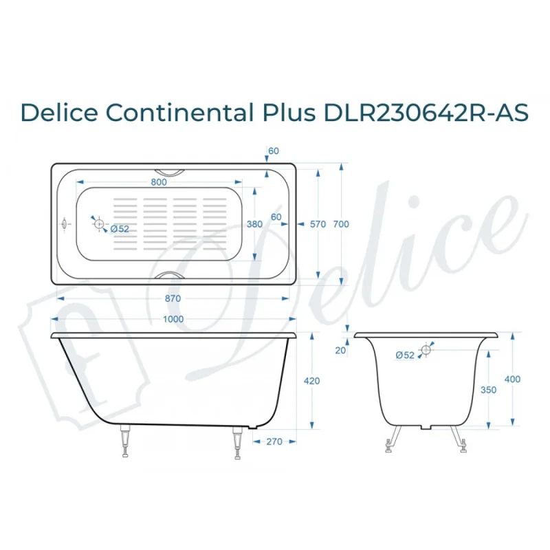 Ванна чугунная Delice Continental PLUS 100х70 с отверстиями под ручки и антискользящим покрытием DLR230642R-AS