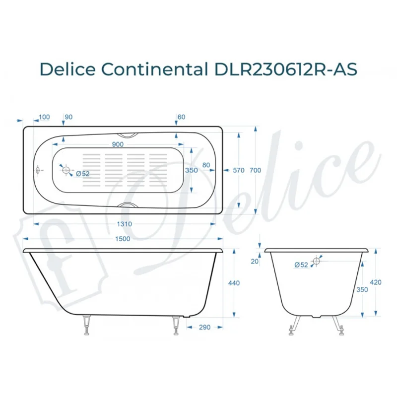 Ванна чугунная Delice Continental 150х70 с отверстиями под ручки и антискользящим покрытием DLR230612R-AS