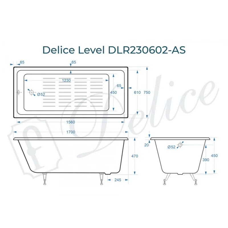 Ванна чугунная Delice Level 170х75 с антискользящим покрытием DLR230602-AS