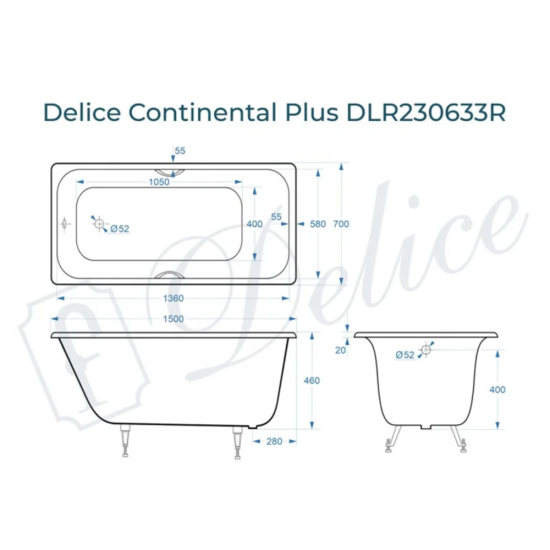 Ванна чугунная Delice Continental PLUS 150х70 с отверстиями под ручки DLR230633R