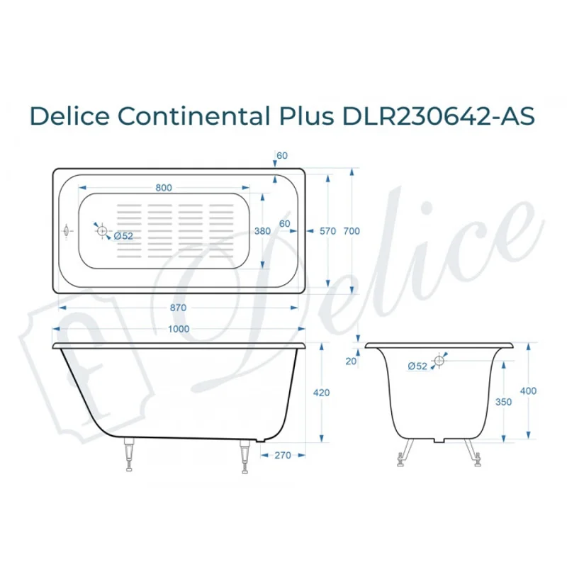 Ванна чугунная Delice Continental PLUS 100х70 с антискользящим покрытием DLR230642-AS