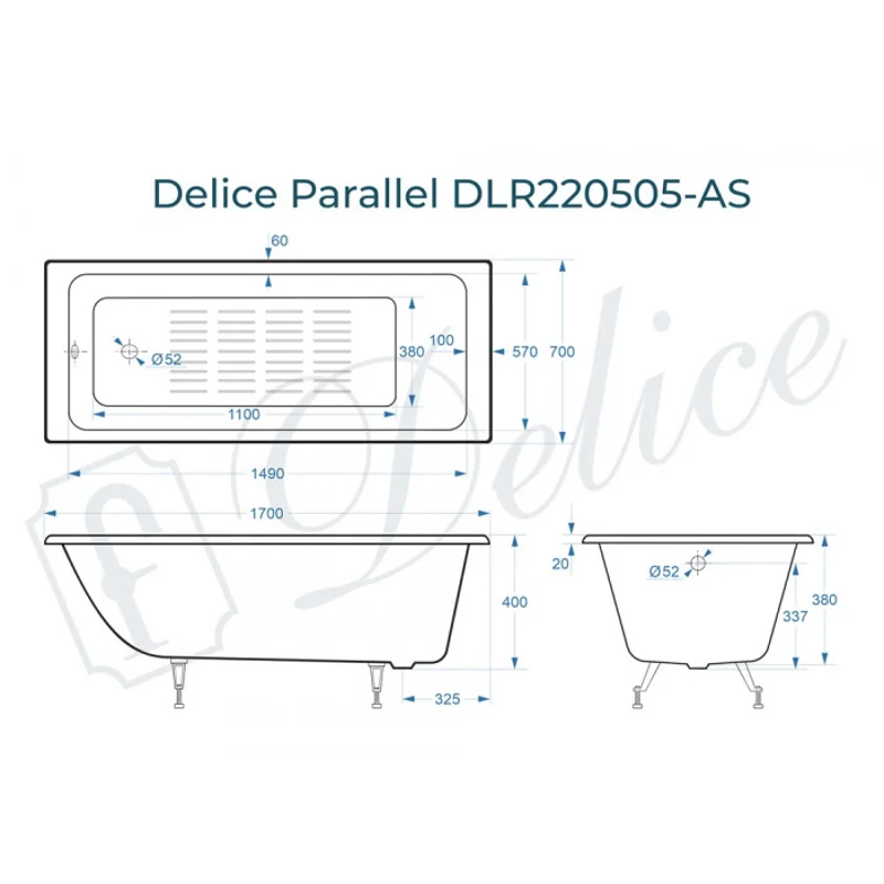 Ванна чугунная Delice Parallel 170х70 с антискользящим покрытием DLR220505-AS