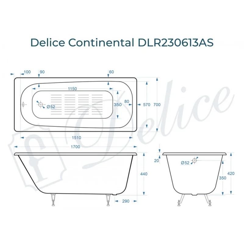 Ванна чугунная Delice Continental 170х70 с антискользящим покрытием DLR230613-AS