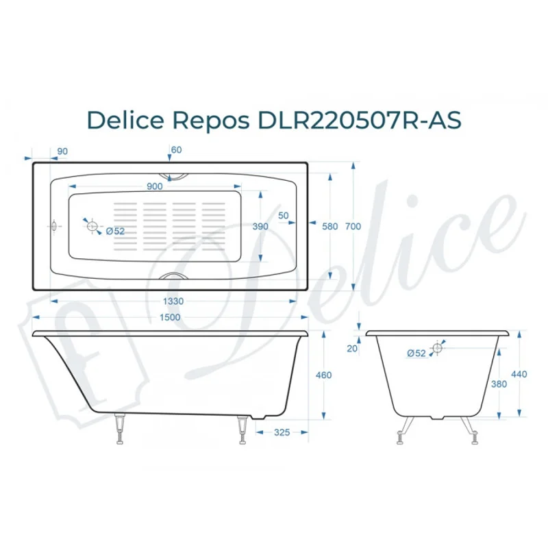 Ванна чугунная Delice Repos 150х70 с ручками и антискользящим покрытием DLR220507R-AS