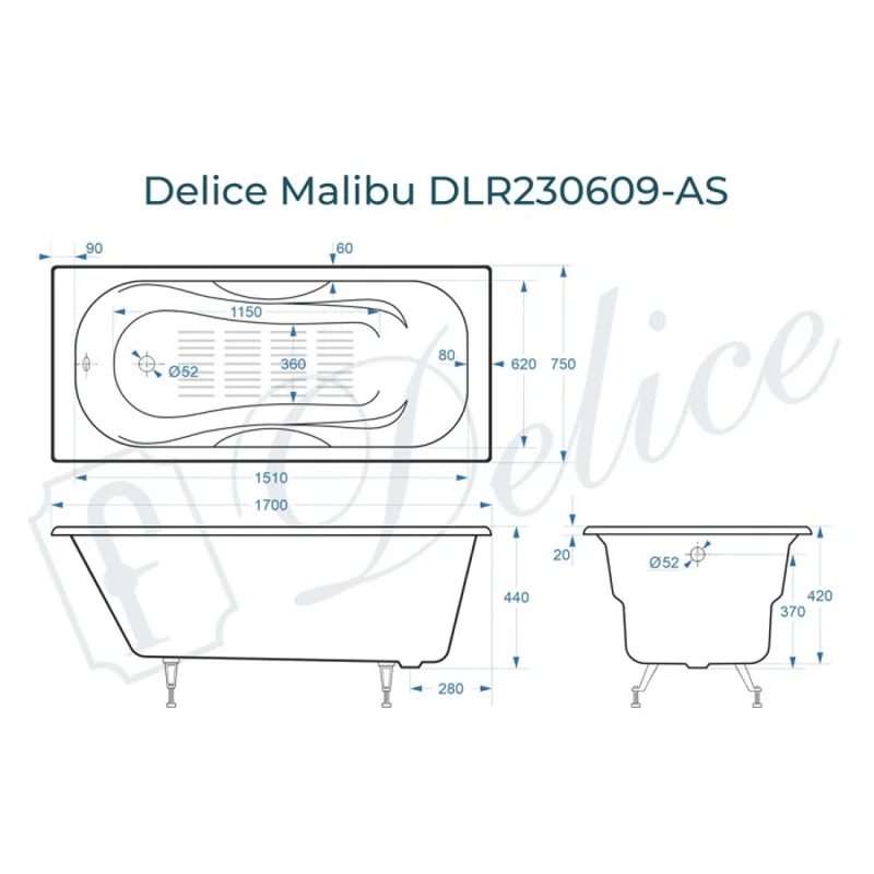 Ванна чугунная Delice Malibu 170х75 с антискользящим покрытием DLR230609-AS