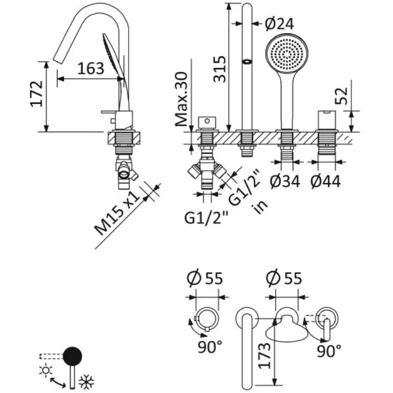 Смеситель на борт ванны Cezares LEAF-BVDM3-L-SR