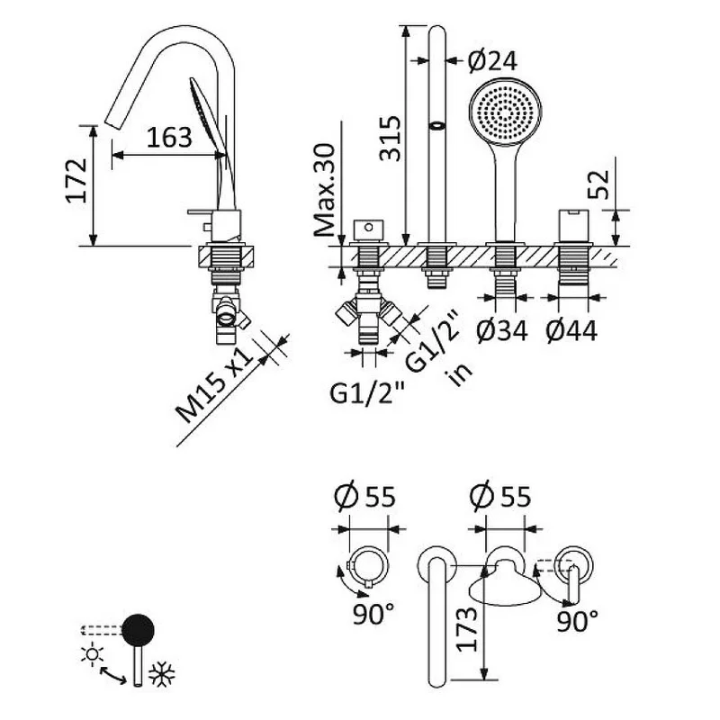 Смеситель на борт ванны Cezares LEAF-BVDM3-L-NOP