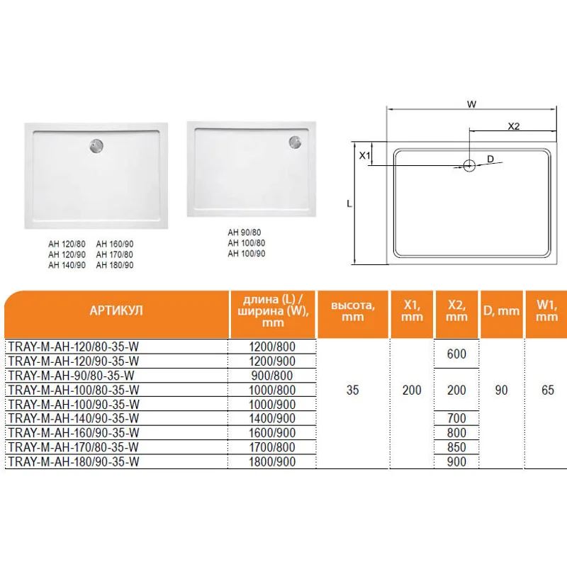 Душевой поддон из стеклокомпозита CEZARES TRAY-M-AH-160/90-35-W