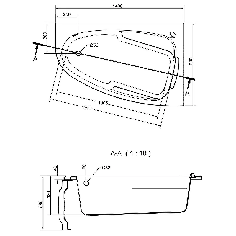 Ванна акриловая Cersanit Joanna 140 x 90 см, асимметричная, белая, правая