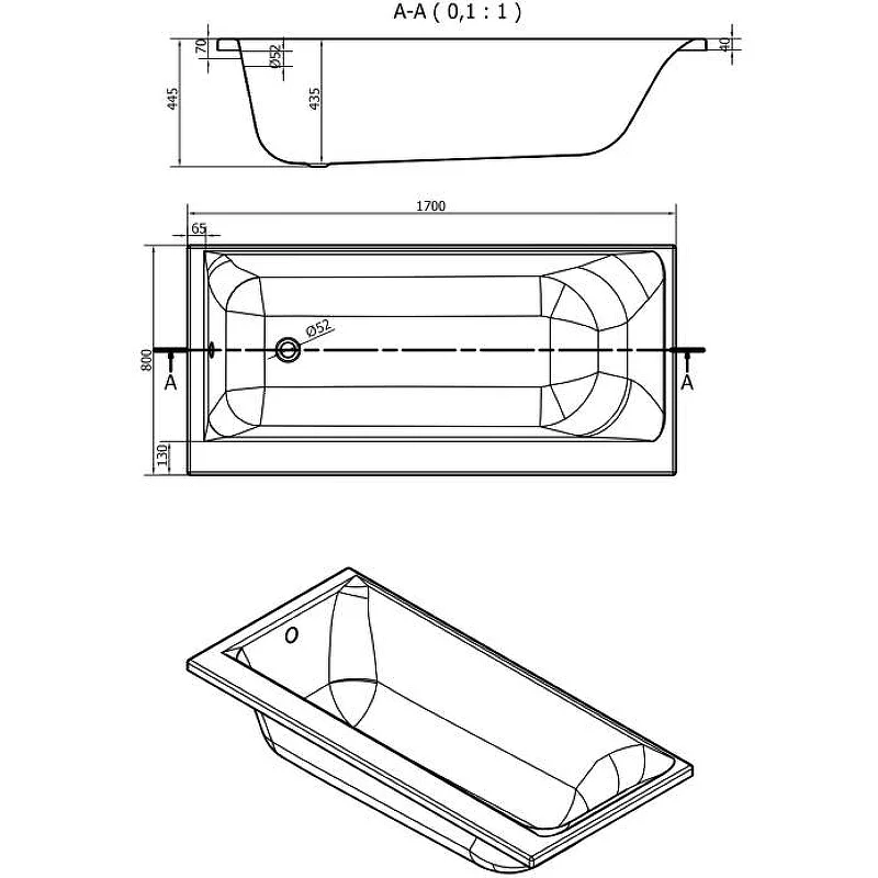 Ванна акриловая Cersanit Smart 170 x 80 см, прямоугольная, белая, правая, 63351