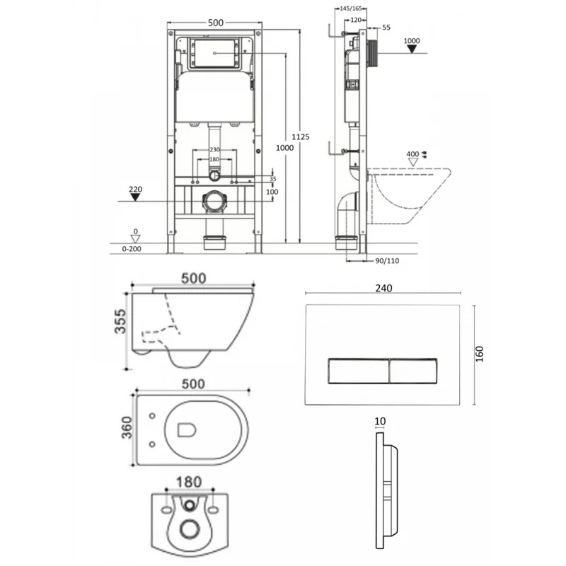 Agger ATI05100+APB288 Унитаз подвесной безободковый белый с инсталляцией, микролифт, кнопка смыва белая
