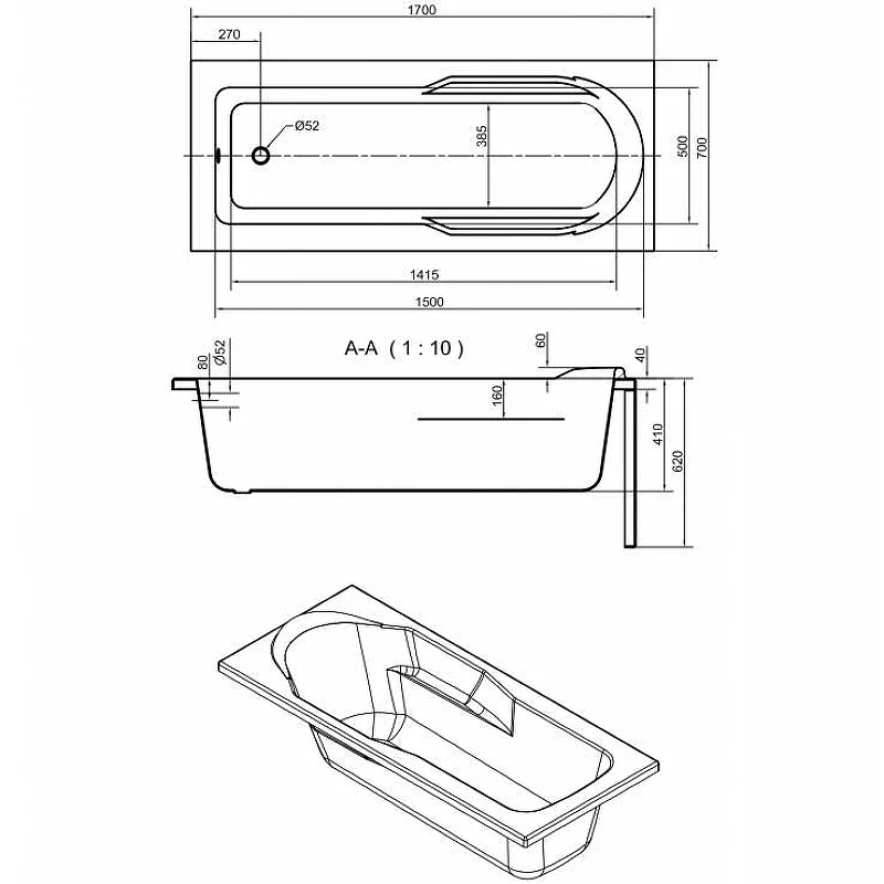 Ванна акриловая Cersanit Santana 63325 170 x 70 см, прямоугольная, белая