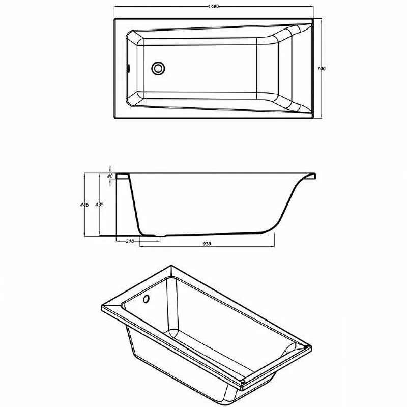 Ванна акриловая Cersanit Lorena 63345 140 x 70 см, прямоугольная, белая