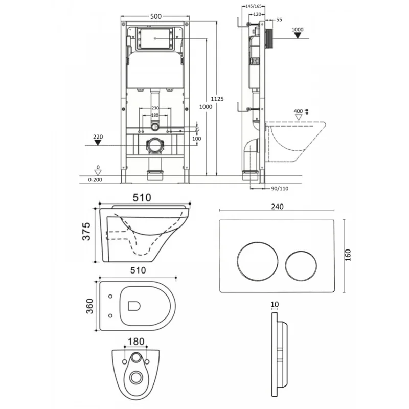 Agger ATI06100+APB188 Унитаз подвесной безободковый белый с инсталляцией, микролифт, кнопка смыва белая