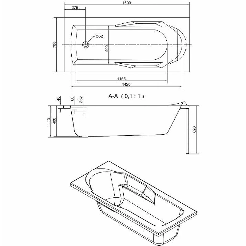 Ванна акриловая Cersanit Santana 63324 160 x 70 см, прямоугольная, белая