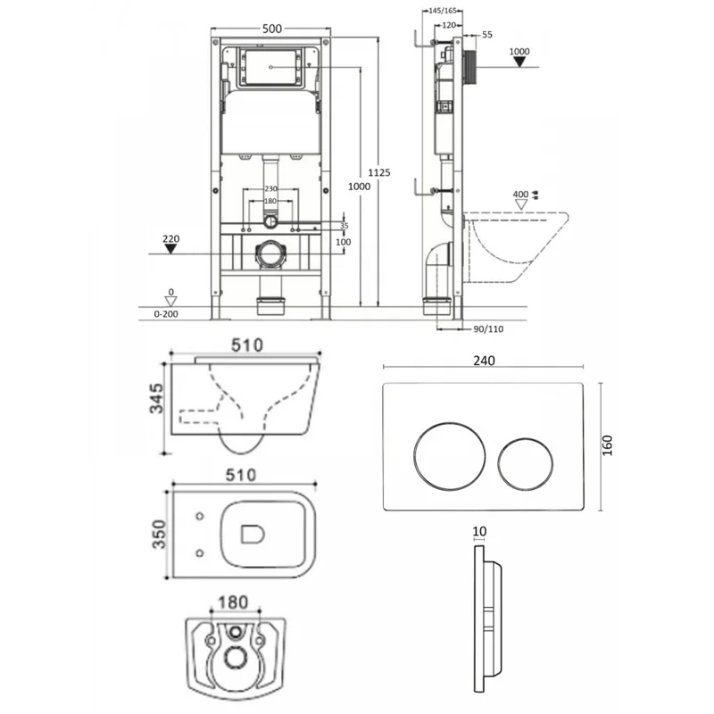 Agger ATI08100+APB188 Унитаз подвесной безободковый белый с инсталляцией, микролифт, кнопка смыва белая