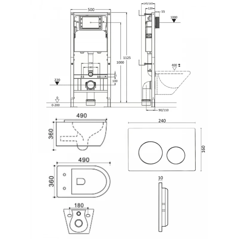 Agger ATI07150+APB188 Унитаз подвесной безободковый белый с инсталляцией, микролифт, кнопка смыва белая