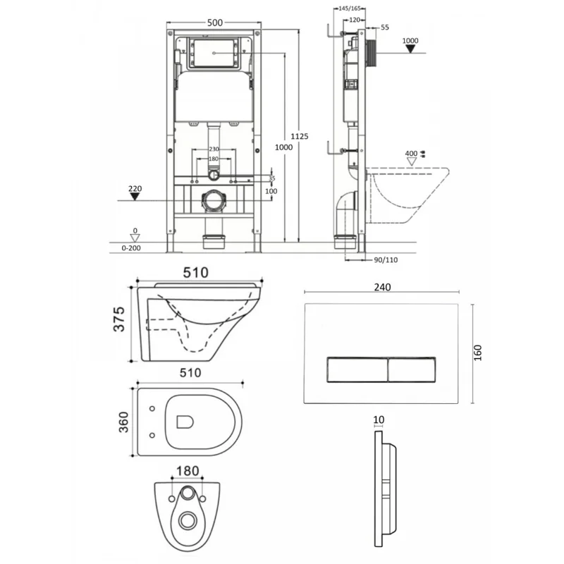 Agger ATI06100+APB288 Унитаз подвесной безободковый белый с инсталляцией, микролифт, кнопка смыва белая