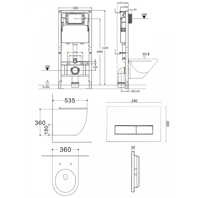 Agger ATI03144+APB288 Унитаз подвесной безободковый черный с инсталляцией, микролифт, кнопка смыва белая
