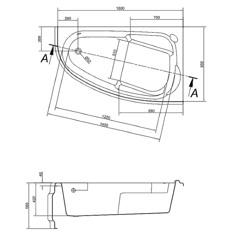 Ванна акриловая Cersanit Joanna 160 x 95 см, асимметричная, белая, правая