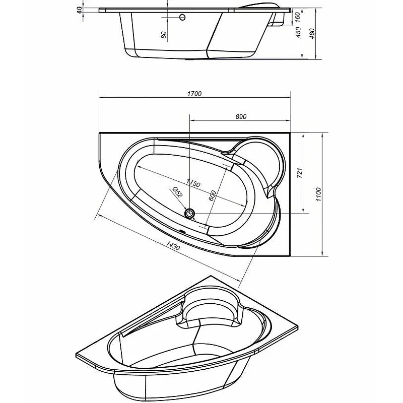 Ванна акриловая Cersanit Kaliope 170 x 110 см, асимметричная, белая, правая