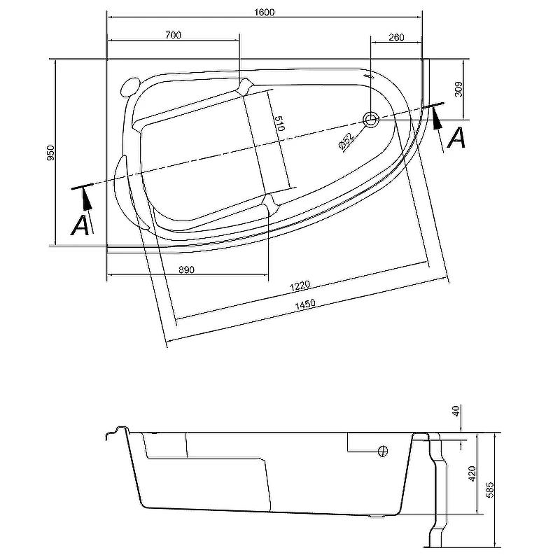 Ванна акриловая Cersanit Joanna 160 x 95 см, асимметричная, белая, левая