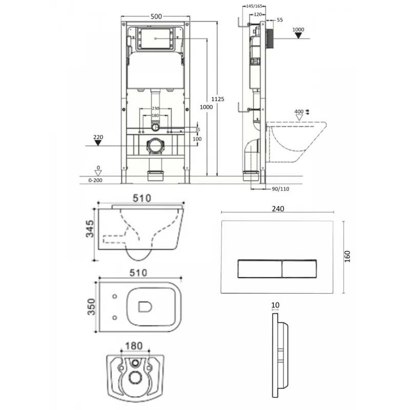 Agger ATI08100+APB288 Унитаз подвесной безободковый белый с инсталляцией, микролифт, кнопка смыва белая