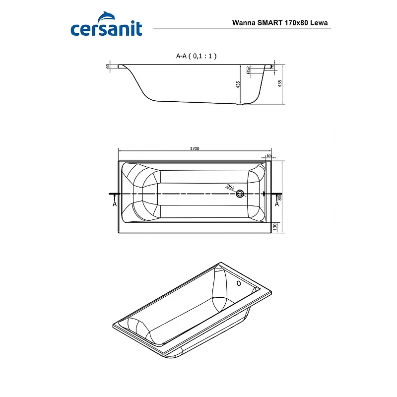 Ванна акриловая Cersanit Smart 170 x 80 см, прямоугольная, белая, левая