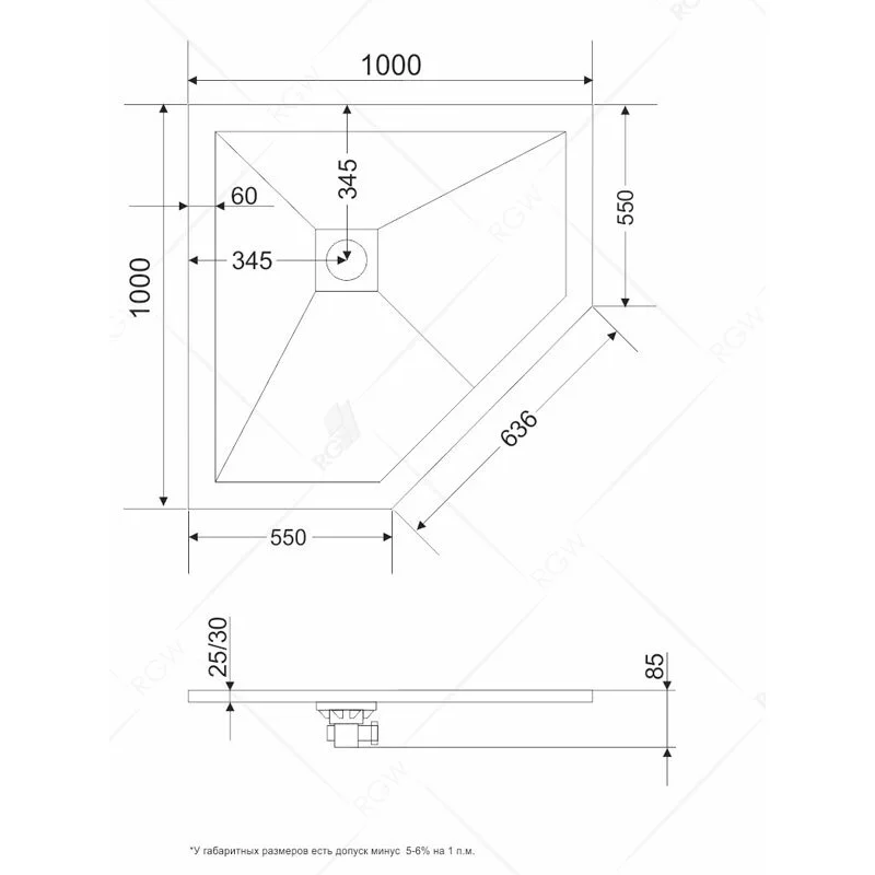 Душевой поддон RGW ST/T-W 100 x 100 см, пятиугольный, из искусственного камня, белый, 16155100-01