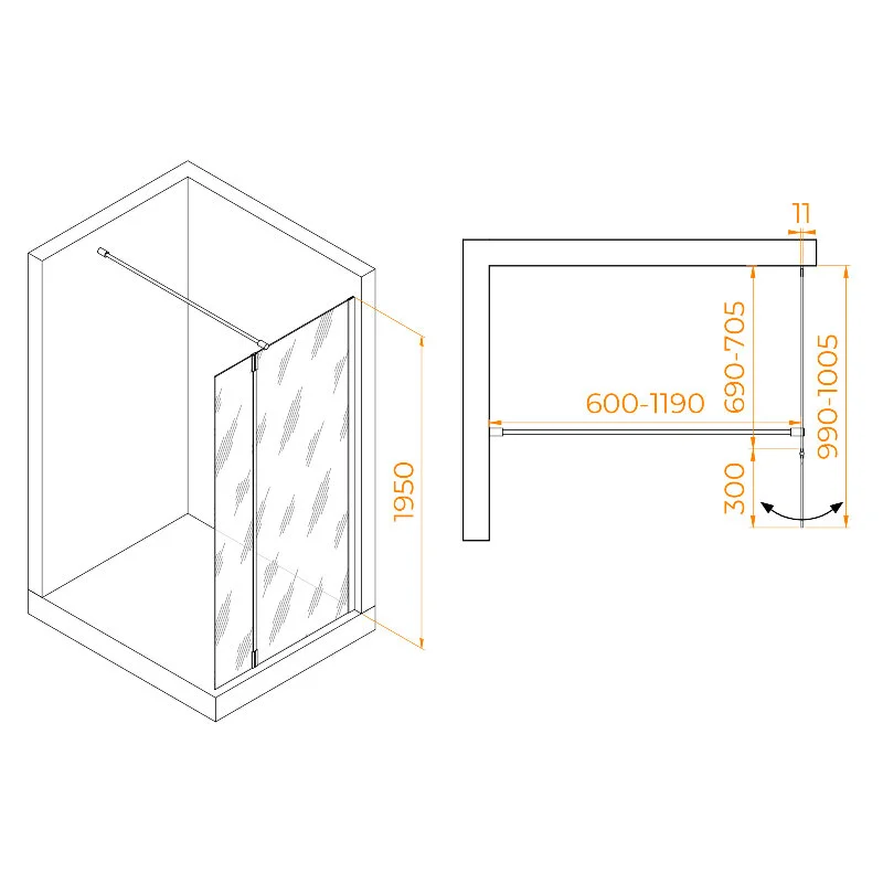 Душевой уголок RGW WA-050W (WA-002W + Z-070W) Walk In 351005073-15, 120 x 70 см, распашная створка, стекло прозрачное, профиль белый