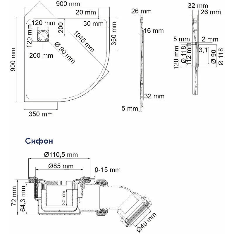 Душевой поддон из стеклопластика WasserKRAFT Main 90x90 41T01 Белый матовый