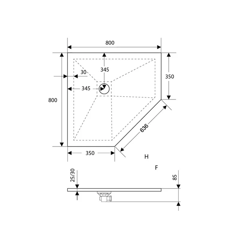 Душевой поддон RGW ST/T-0088G 16155088-02, 80 x 80 см, пятиугольный, из искусственного камня, графит